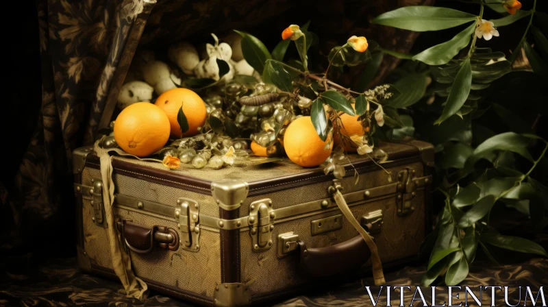 Enchanting Surrealism: Old Suitcase with Oranges and Leaves AI Image