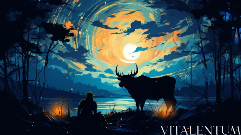 Enigmatic Moonlit Landscape with Mystical Creatures and Fire AI Image