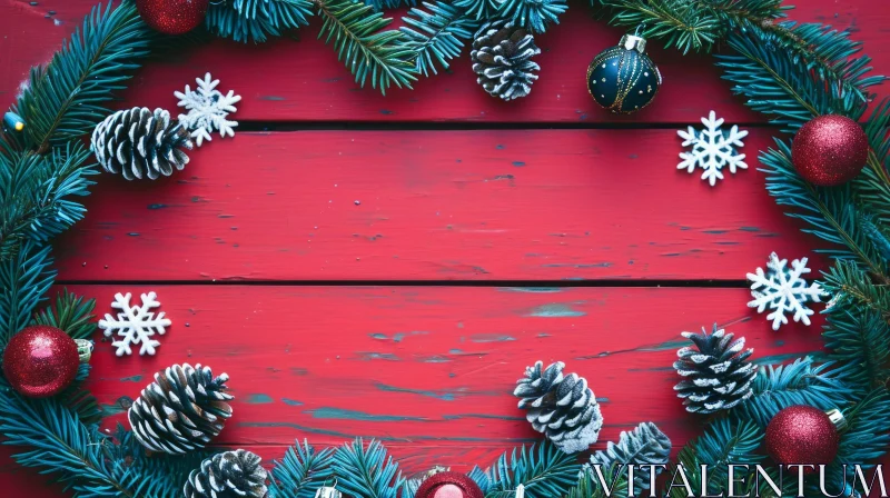 Festive Christmas Decorations on Red Wooden Background AI Image