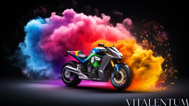 Futuristic Blue and White Motorcycle with Colorful Smoke Cloud AI Image