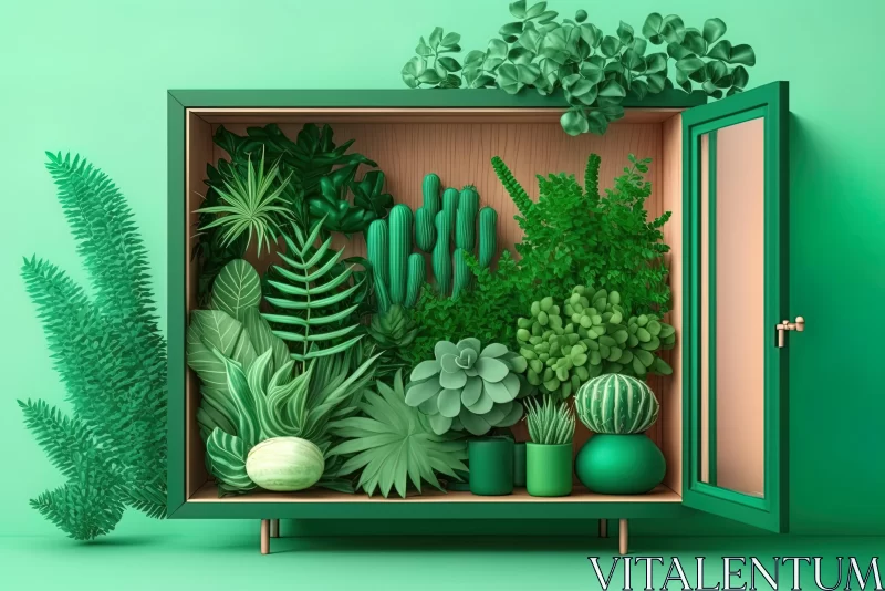 Green Cupboard with Lush Plants - Intricate 3D Illustration AI Image