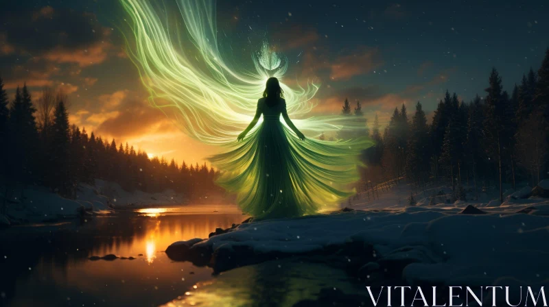 Majestic Woman by Frozen Lake at Sunset AI Image