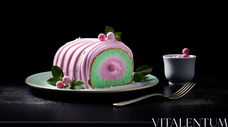 Pink and Green Cake Roll on Green Plate AI Image