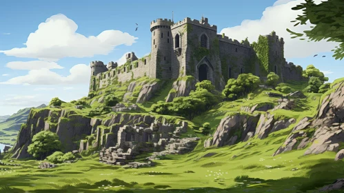 Ruined Castle Digital Painting on Hill