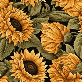 Sunflower Seamless Pattern on Black Background