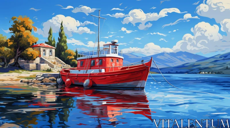 Tranquil Lake Painting with Red Boat and Mountains AI Image