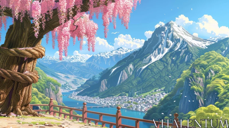AI ART Tranquil Mountain Valley Landscape with Cherry Tree and Snow-Capped Mountains