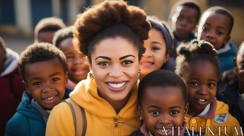 African Children and Young Woman Smiling Group Portrait AI Image