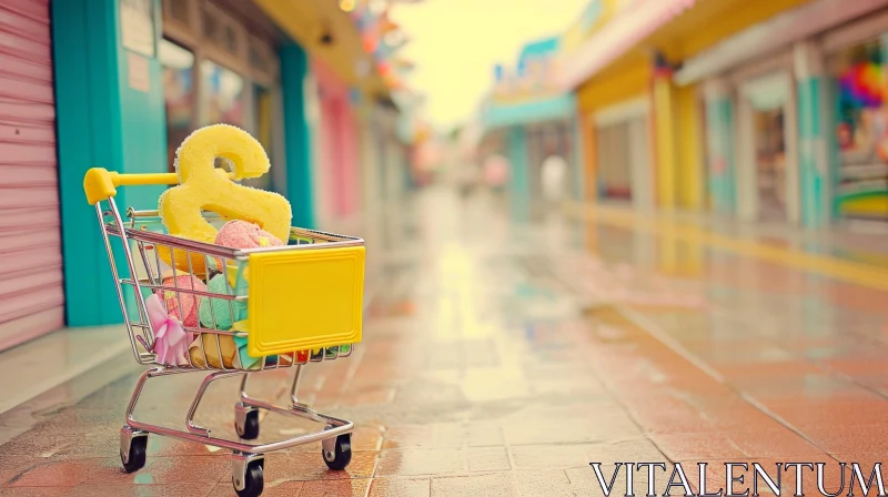 Captivating Street Scene: Colorful Shopping Cart in a Lively Urban Setting AI Image