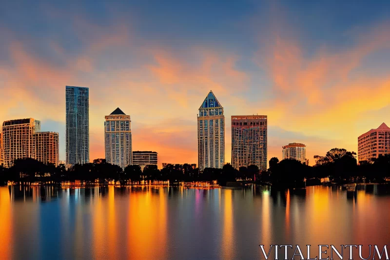 Captivating Sunset Skyline Reflection in Calm Waters AI Image
