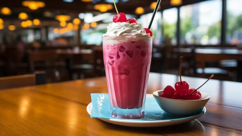 Delicious Pink Milkshake with Whipped Cream and Cherries