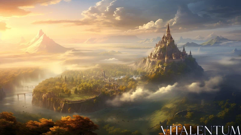 Enchanting Castle Landscape in a Fantasy World AI Image