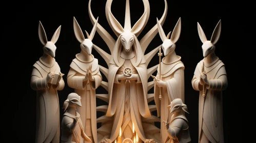Enigmatic 3D Rendering of Rabbit Figures in Religious Setting