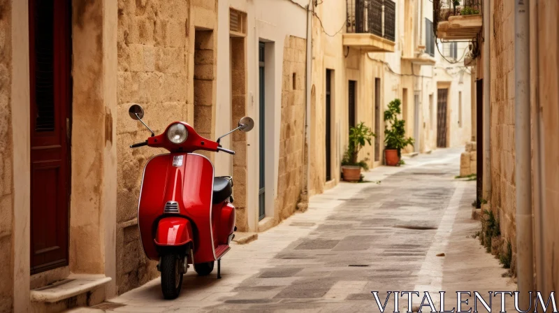European Town Street Scene with Red Vespa Scooter AI Image