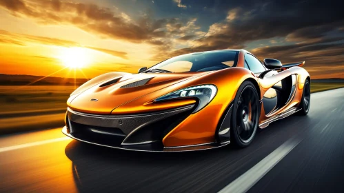 McLaren P1 Hybrid Sports Car Speeding at Sunset