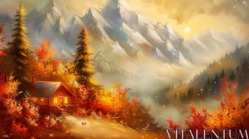 Mountain Cabin in Autumn Valley Painting AI Image
