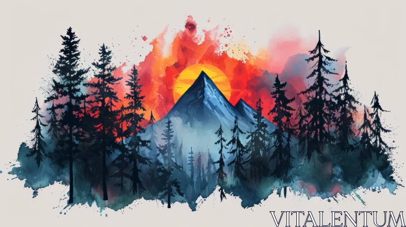 AI ART Mountain Landscape Watercolor Painting