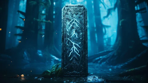 Mysterious Stone Tablet in Dark Forest