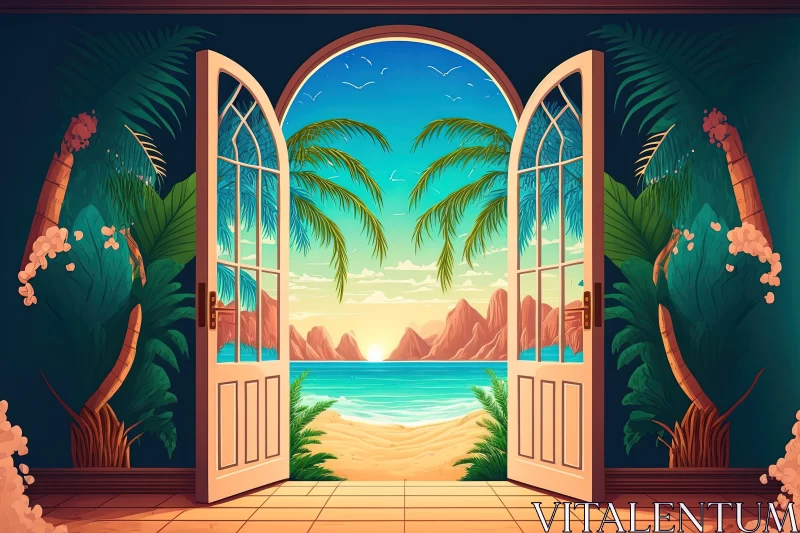 Open Door to Tropical Paradise - Nostalgic and Detailed Illustration AI Image