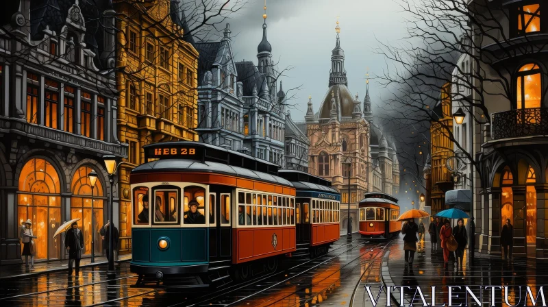 Rainy Street in European City Painting AI Image