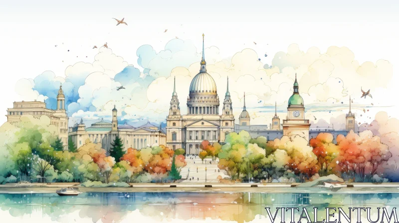Serene Cityscape Watercolor Painting AI Image