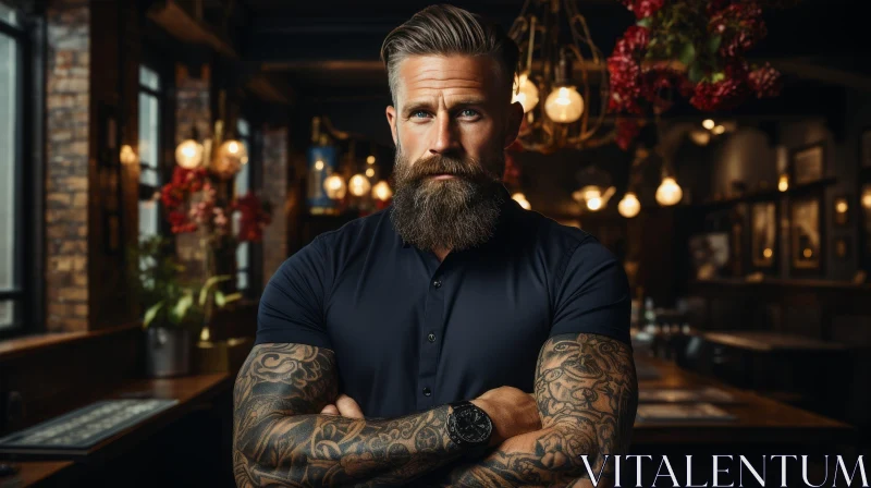 Serious Man with Beard and Tattoos in Room with Brick Wall AI Image