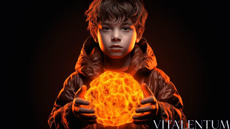 Serious Young Boy with Glowing Orange Ball AI Image