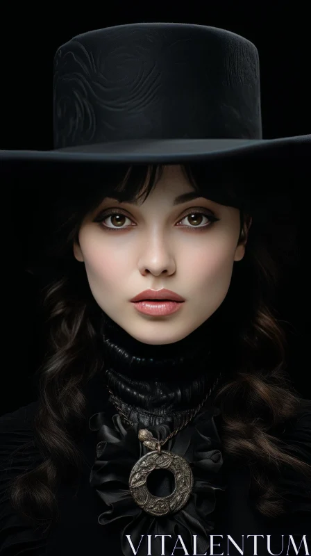 Serious Young Woman Portrait in Black Hat and Dress AI Image