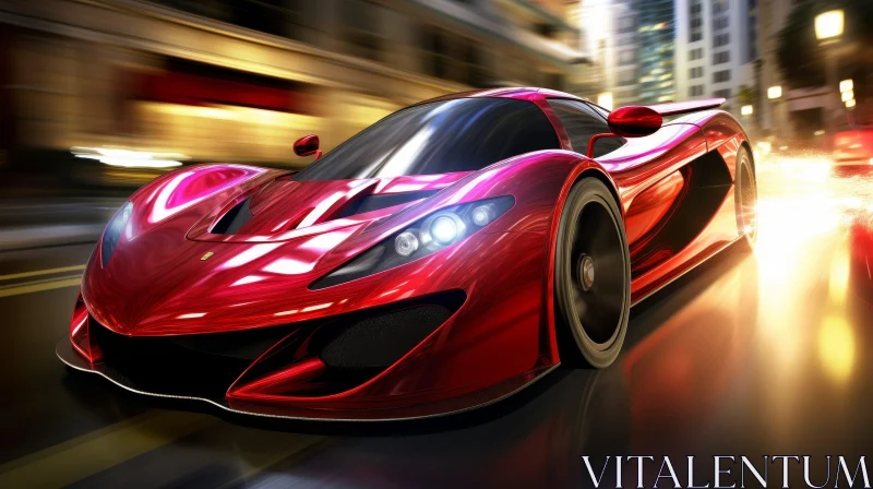 Speeding Red Sports Car in Night City Scene AI Image