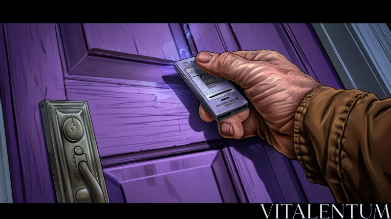 Surreal Hand Holding Hotel Room Key Card in Front of Purple Door AI Image