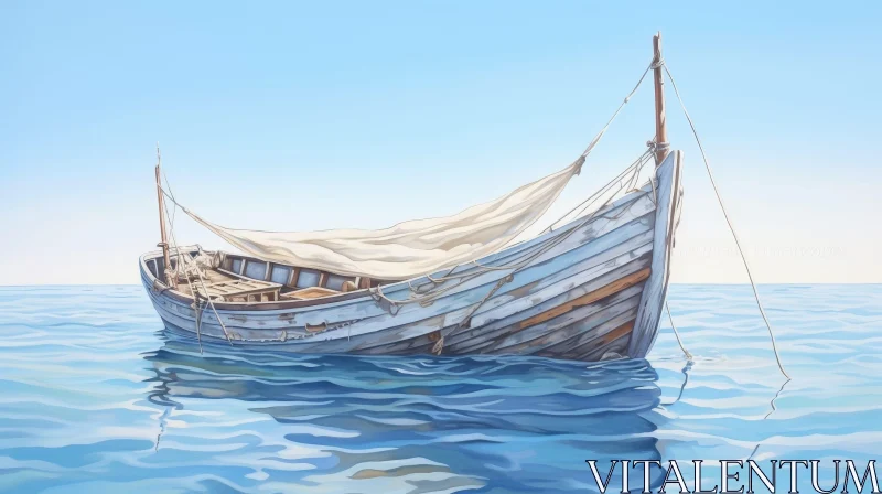 AI ART Tranquil Wooden Boat on Calm Blue Waters
