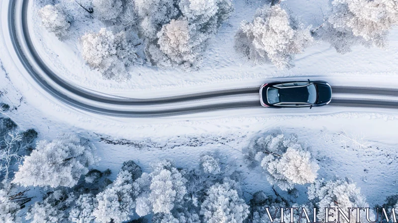 Winter Wonderland: Aerial View of Car Driving on Snowy Road AI Image