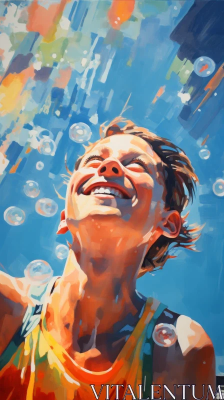 Young Boy Swimming Underwater Painting AI Image