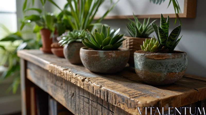 Captivating Still Life of Wooden Table with Ceramic Pots and Succulent Plants AI Image