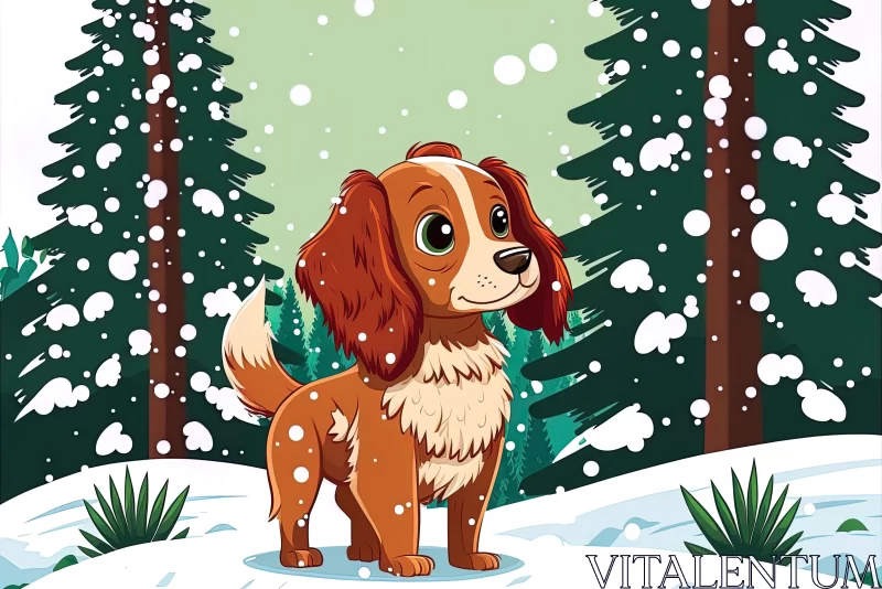 Cartoon Dog in Snowy Scene with Trees | Warm Color Palettes AI Image