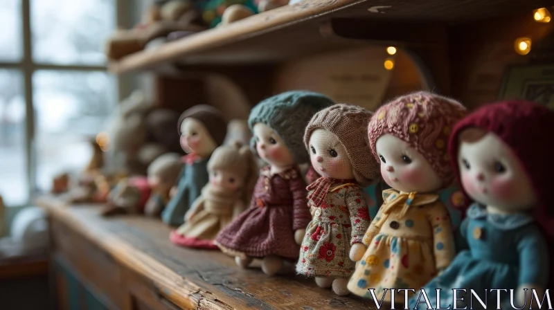 Charming Handmade Dolls on a Wooden Shelf AI Image