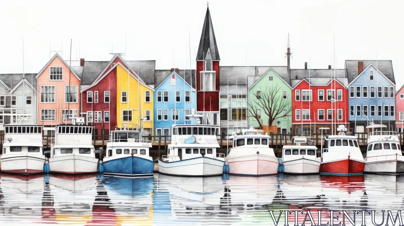 Cheerful Watercolor Painting of Colorful Houses and Boats in a Serene Harbor AI Image