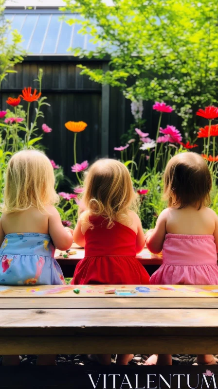 Colorful Girls in Garden: Summer Dresses Scene AI Image