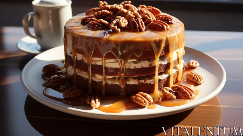 Delicious Three-Layered Cake with Caramel Frosting and Pecan Nuts AI Image