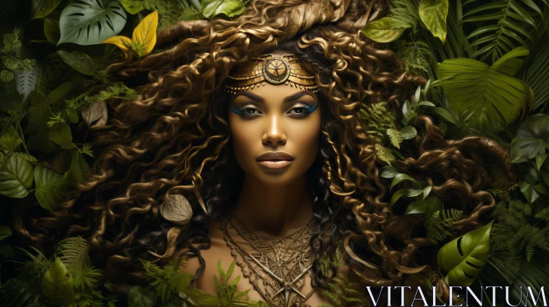 Elegant Black Woman Portrait in Lush Jungle AI Image