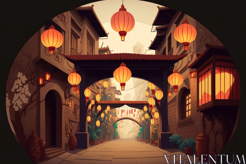 Enchanting Chinese Alleyway with Lanterns and Arch | Villagecore Illustration AI Image
