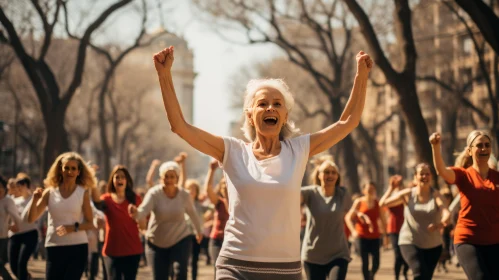 Energetic Woman Participating in Street Fitness Class