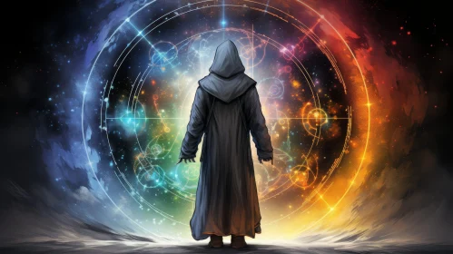 Enigmatic Portal: Figure in Dark Cloak