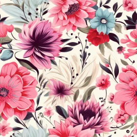 Floral Pattern - Pink, Red, Blue Flowers on White Background