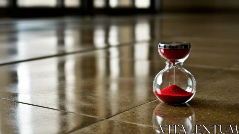 Glass Hourglass Timer with Red Sand on Reflective Surface AI Image