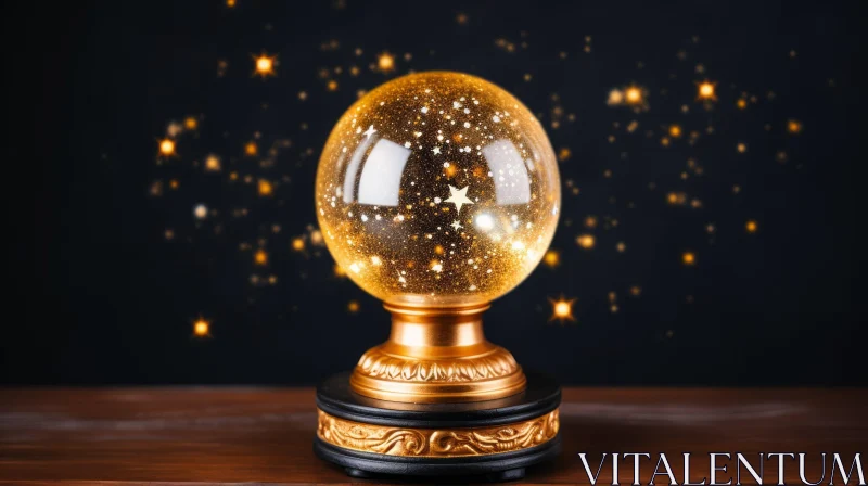AI ART Golden Crystal Ball with Starshaped Sparkles on Black Pedestal