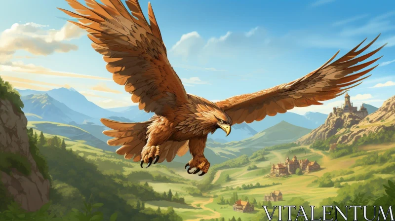 AI ART Golden Eagle Soaring Over Fantasy Landscape