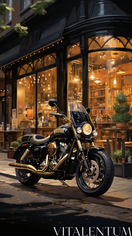 Harley-Davidson Motorcycle Outside Cafe AI Image