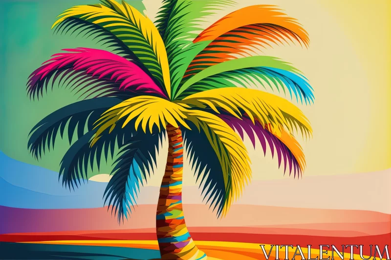Intricately Designed Coconut Palm Against Orange Sunset | Vibrant Cartoon Composition AI Image