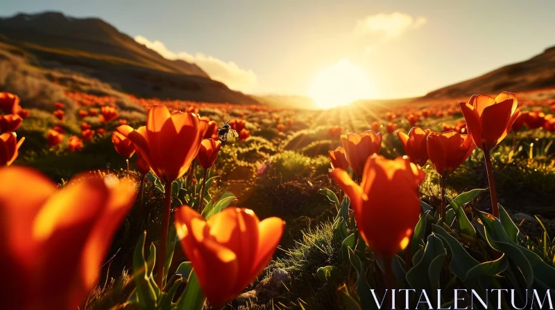 Majestic Field of Red Tulips at Sunset AI Image